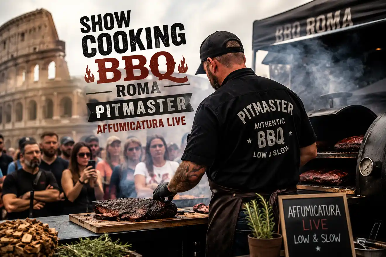Pitmaster Star Porks BBQ durante uno show cooking con affumicatura live a Roma
