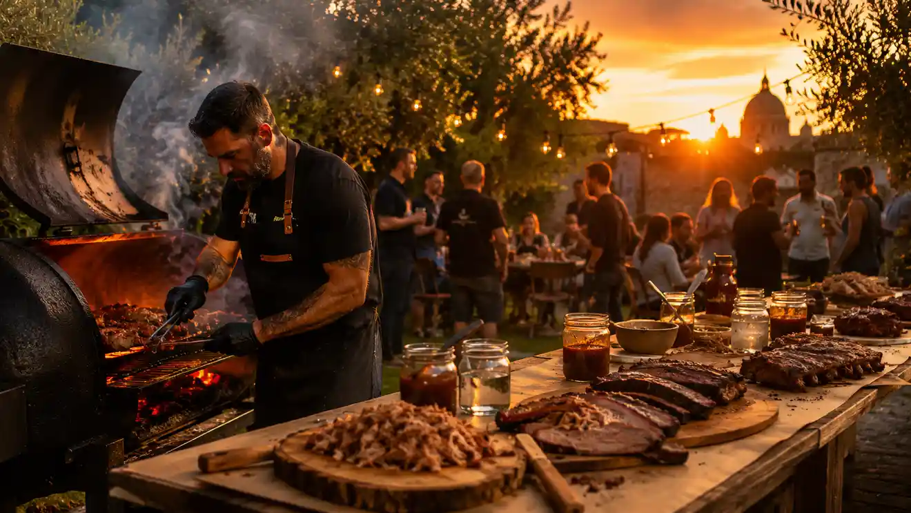 Festa in giardino a Roma con BBQ americano live e pitmaster Star Porks BBQ in azione