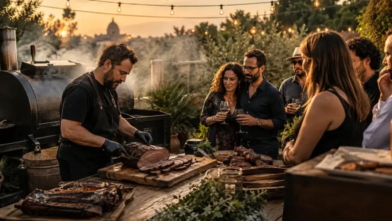 Quanto costa un catering BBQ a Roma: Tavola imbandita con carne BBQ americana affumicata per un catering privato a Roma