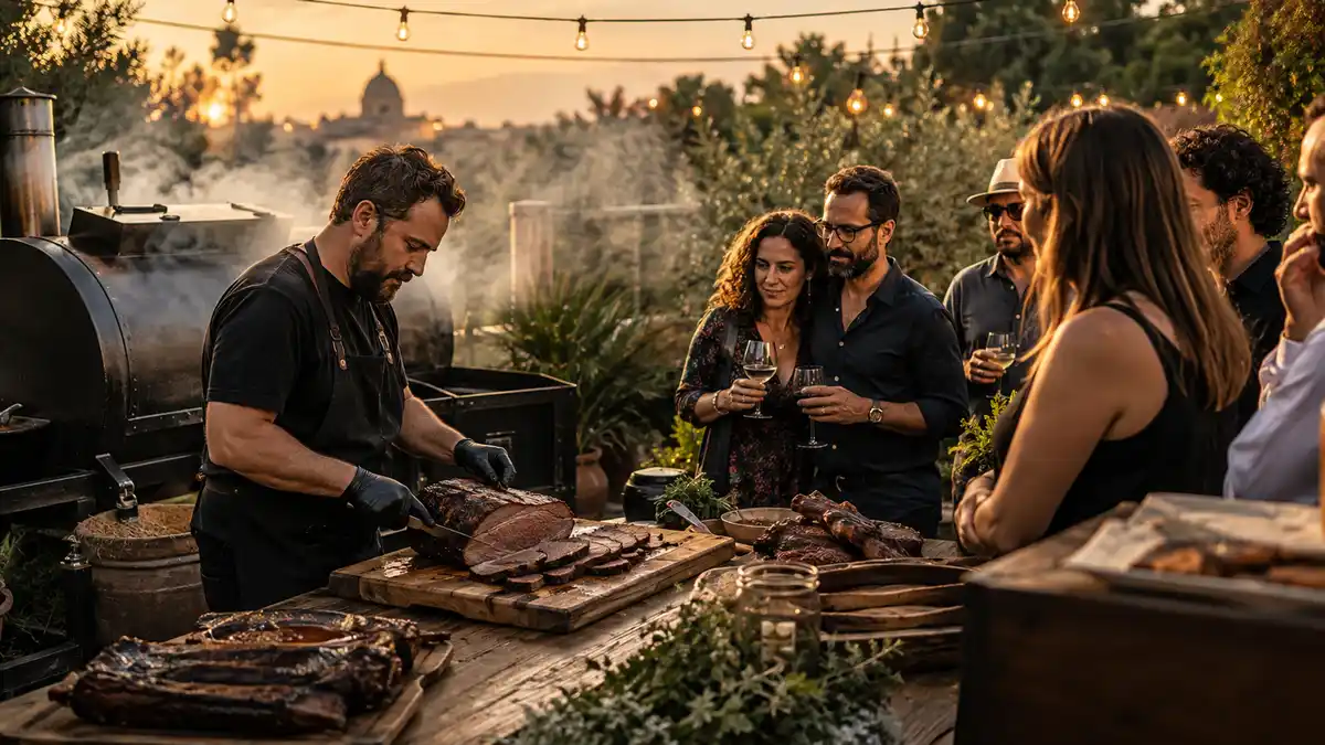 Quanto costa un catering BBQ a Roma: Tavola imbandita con carne BBQ americana affumicata per un catering privato a Roma